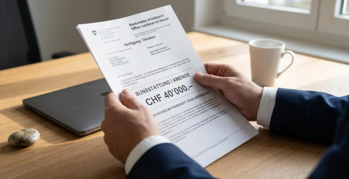 Business professional's hands holding Swiss labor authority penalty notice showing CHF 40,000 fine for contractor misclassification on office desk