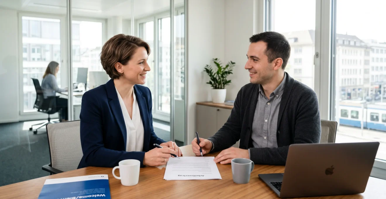 EOR representative and new employee signing Swiss employment contract across conference table in modern Zurich office during onboarding meeting