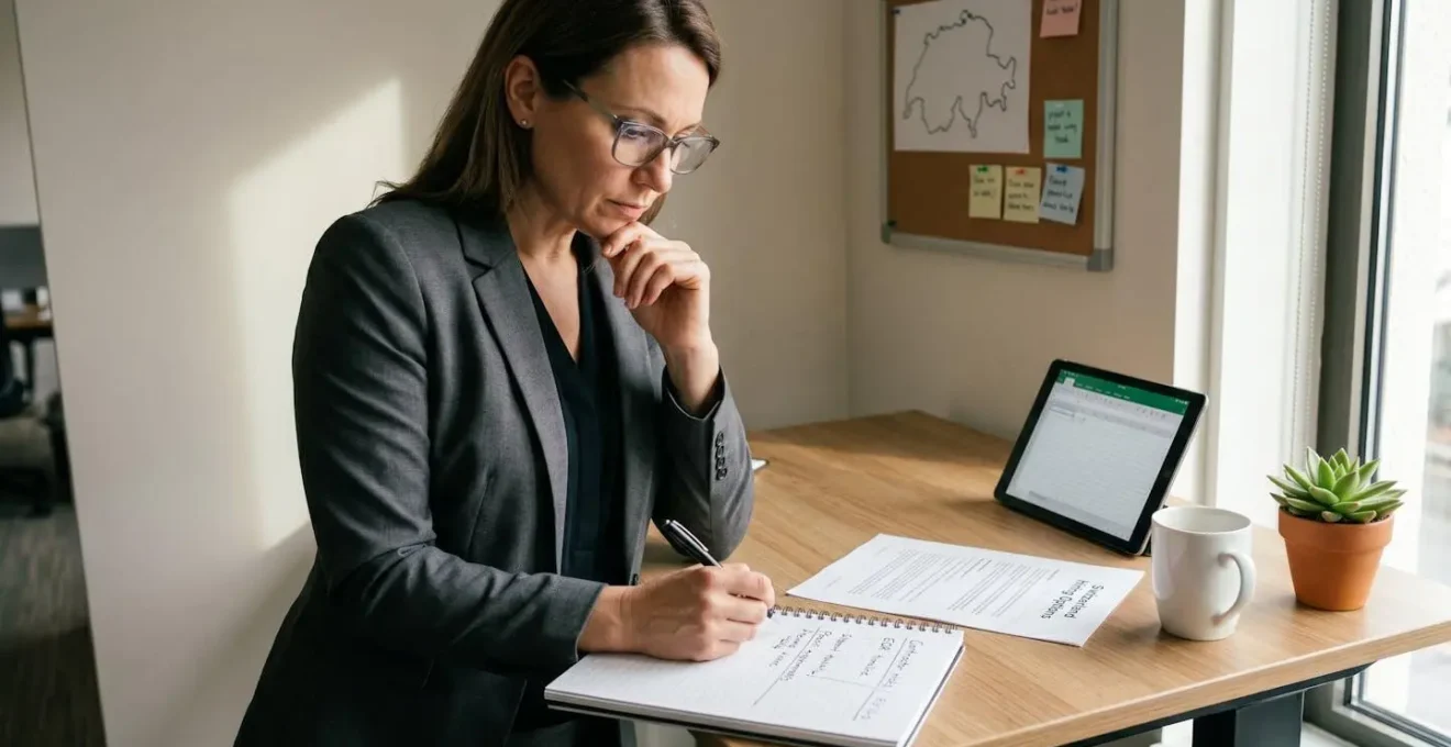 HR director standing at desk reviewing Swiss hiring strategy notes and comparison documents in concentrated analytical posture