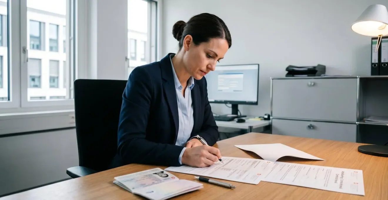 Swiss cantonal labor office officer reviewing work permit application documents at desk, with passport and employment contract visible in modern administrative office setting