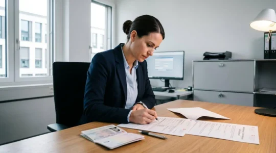 Swiss cantonal labor office officer reviewing work permit application documents at desk, with passport and employment contract visible in modern administrative office setting